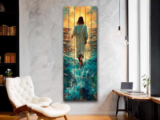 Wood Wall Art – Jesus Walking on Water Print on Natural Wood – Christian Rustic Print – Religious Wall Art, Biblical Wall Decor