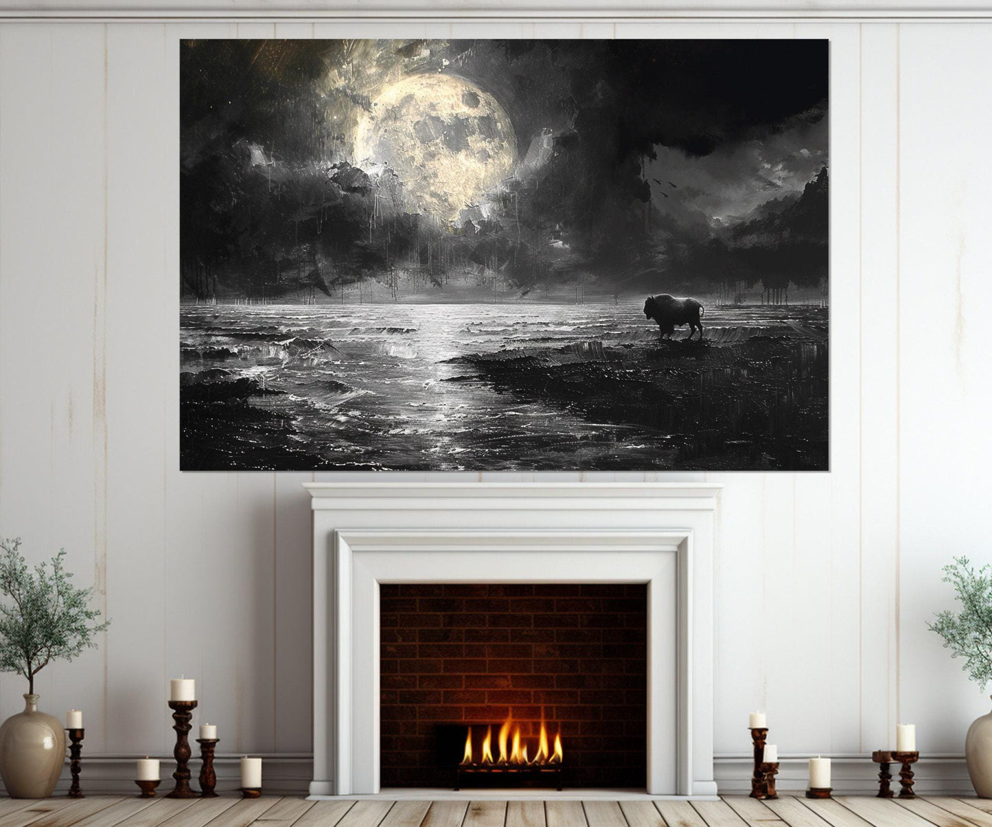 Moon Over Sea Canvas – Post-Apocalyptic Art Bison Print | Framed & Ready to Hang