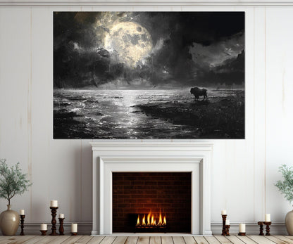 Moon Over Sea Canvas – Post-Apocalyptic Art Bison Print | Framed & Ready to Hang