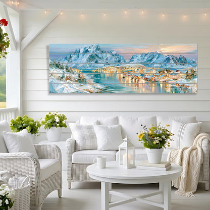 a cozy living room with a large, colorful painting of a snowy mountain landscape hanging on the wall. The room is furnished with a white sofa, wicker chairs, and a round coffee table. The room is decorated with potted plants and string lights, creating a warm and inviting atmosphere.
