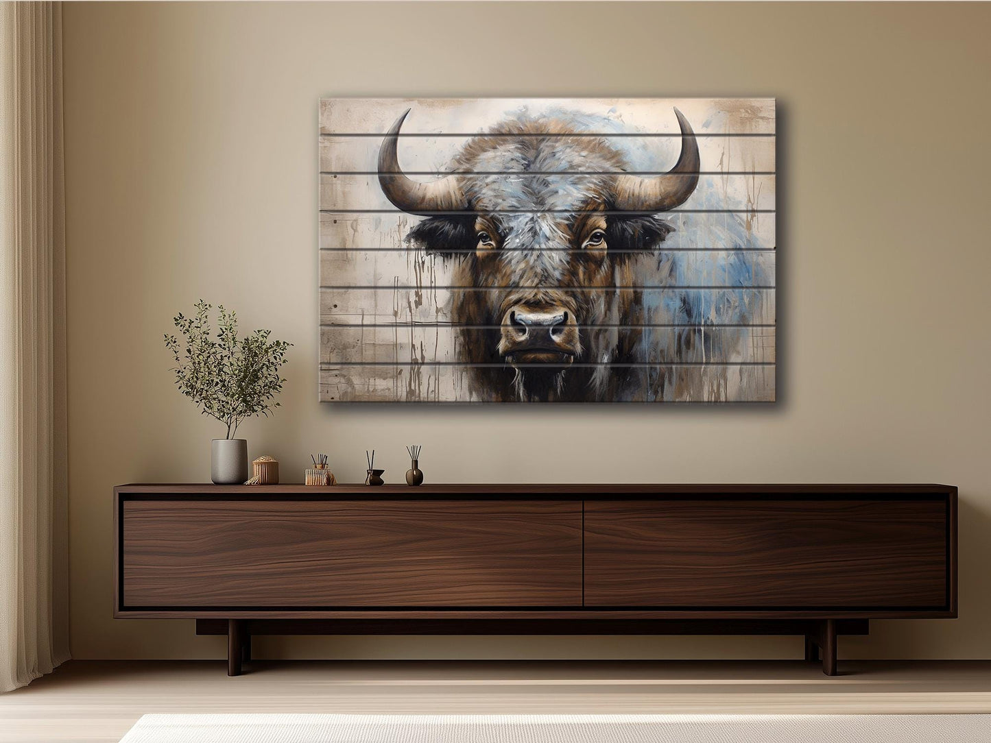 Rustic Wood Wall Art – Bison Abstract Painting on Wooden Planks | Farmhouse Decor