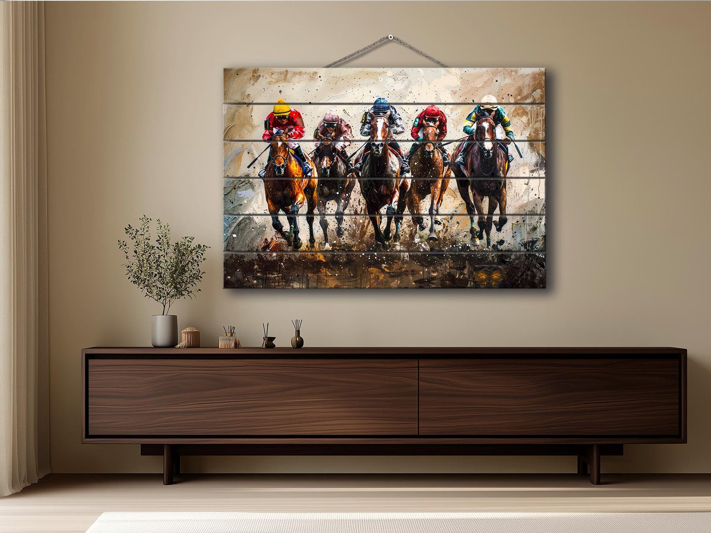Horse Racing Painting Printed on Wood, Horses Wall Art, Horse Racing Fan Gift, Kentucky Derby Wall Art, Rustic Natural Wood Print