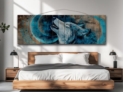 Wolf Howling on Full Moon Print on Natural Wood, Rustic Howling Wolf Painting, Native American Wall Decor, Wolf Wall Art, Tribal Wall Decor