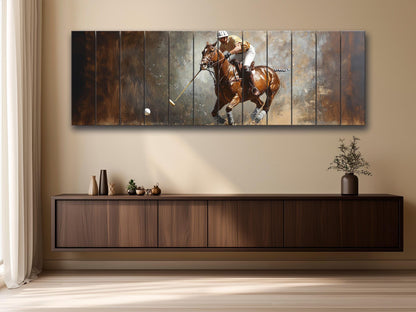 Abstract Polo Painting On Natural Wood – Outdoor Sports Wall Art
