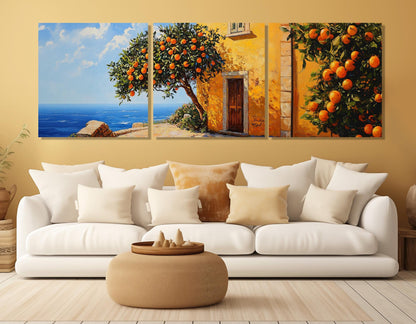 Mediterranean Canvas Print – Scenic Sea Coast Painting with Orange Trees | Framed Wall Art