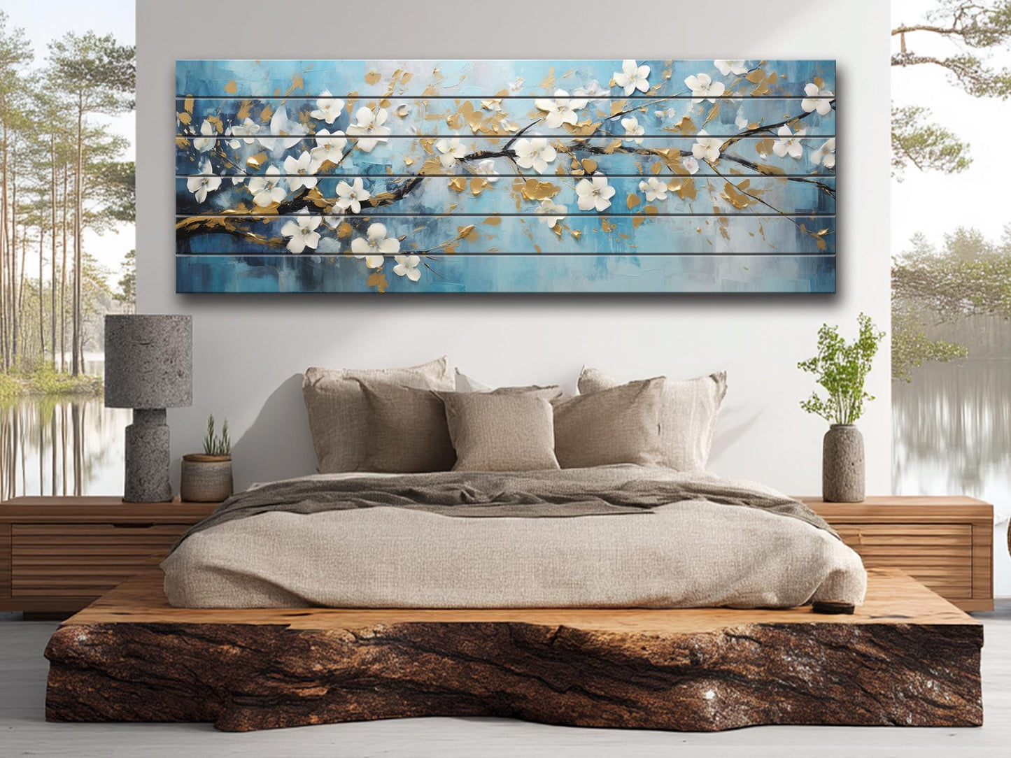 Abstract White Flowers Blossom Print On Natural Wood