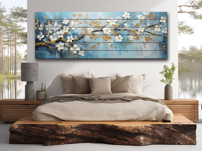 Abstract White Flowers Blossom Print On Natural Wood