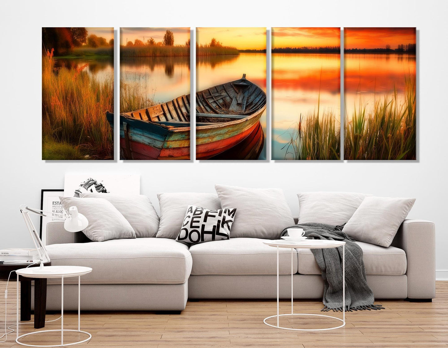 Wooden Boat Canvas Print – Scenic Sunset Lake Painting | Framed & Ready to Hang