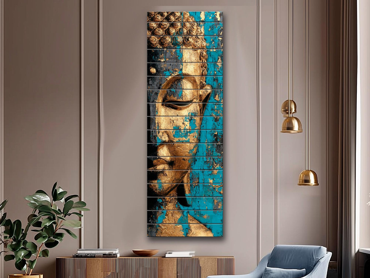 Golden Buddha Wall Art – Turquoise Blue Wooden Print | Rustic Spiritual Decor