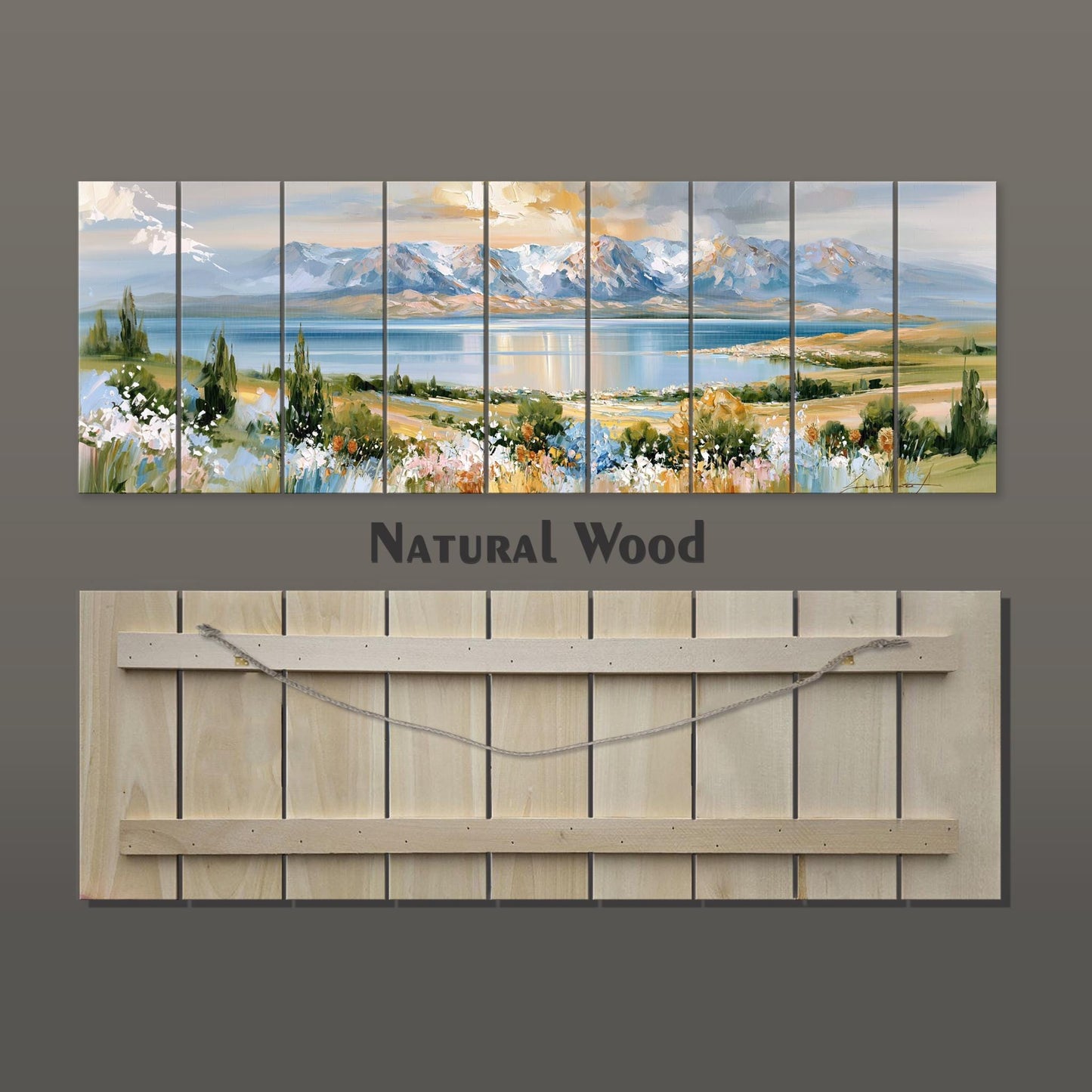 The image is a collage of multiple images depicting a natural landscape with mountains, trees, and a body of water. The collage is titled "Natural Wood" and is displayed on a wooden board.