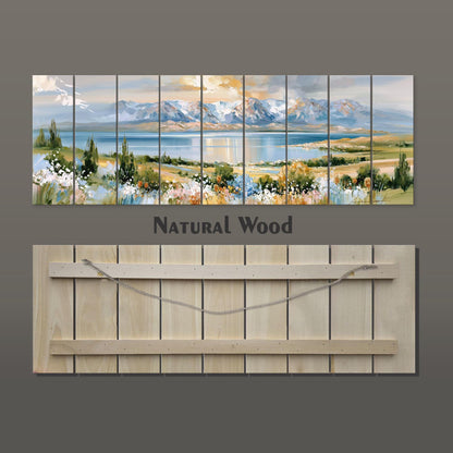 The image is a collage of multiple images depicting a natural landscape with mountains, trees, and a body of water. The collage is titled "Natural Wood" and is displayed on a wooden board.