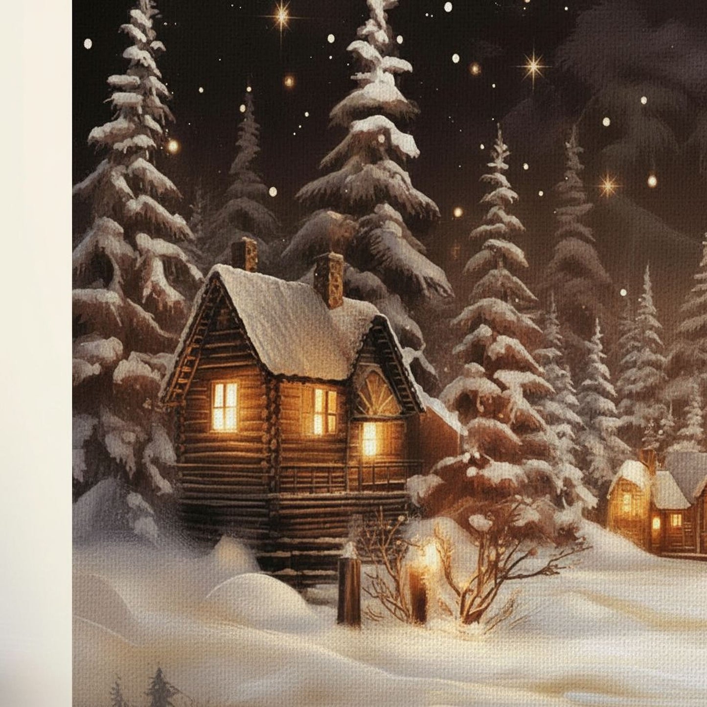 A cozy log cabin nestled in a snowy forest, illuminated by warm lights and surrounded by snow-covered trees and a starry night sky.