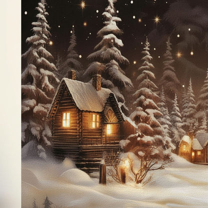 A cozy log cabin nestled in a snowy forest, illuminated by warm lights and surrounded by snow-covered trees and a starry night sky.