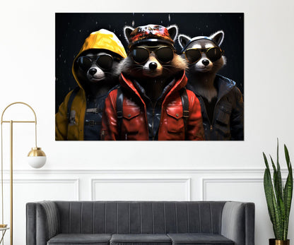 Raccoons Canvas Print – Cool Raccoons Poster in Leather Jacket Art | Ready to Hang