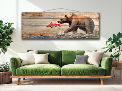 Rustic Wood Wall Art – Grizzly Bear Print on Linden Wood Planks | Natural Wildlife Decor