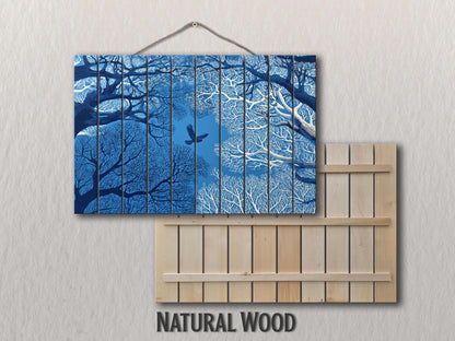 Linocut Wood Art – Enchanted Forest Sky Print | Vibrant UV Wood Decor