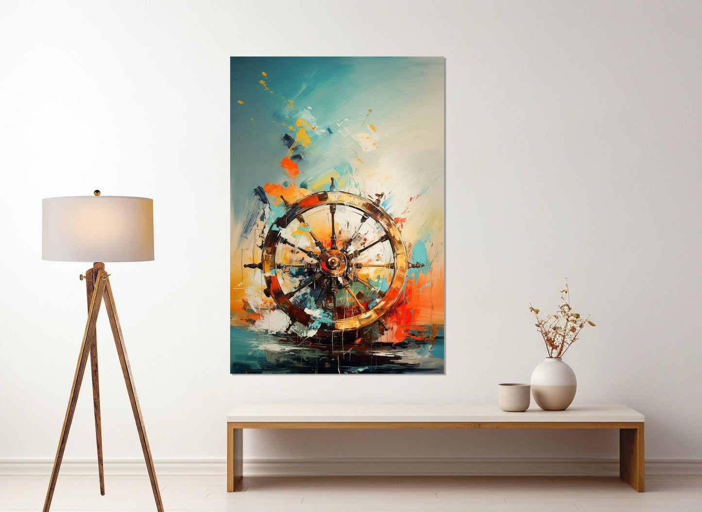 Abstract Ship Wheel Canvas | Framed Helm Painting - Nautical Wall Art Ready to Hang