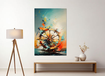 Abstract Ship Wheel Canvas | Framed Helm Painting - Nautical Wall Art Ready to Hang