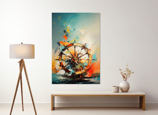 Abstract Ship Wheel Canvas | Framed Helm Painting - Nautical Wall Art Ready to Hang