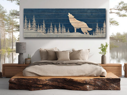 Wolf Silhouette in Snowy Forest Print on Natural Wood, Rustic Howling Wolf Wall Art