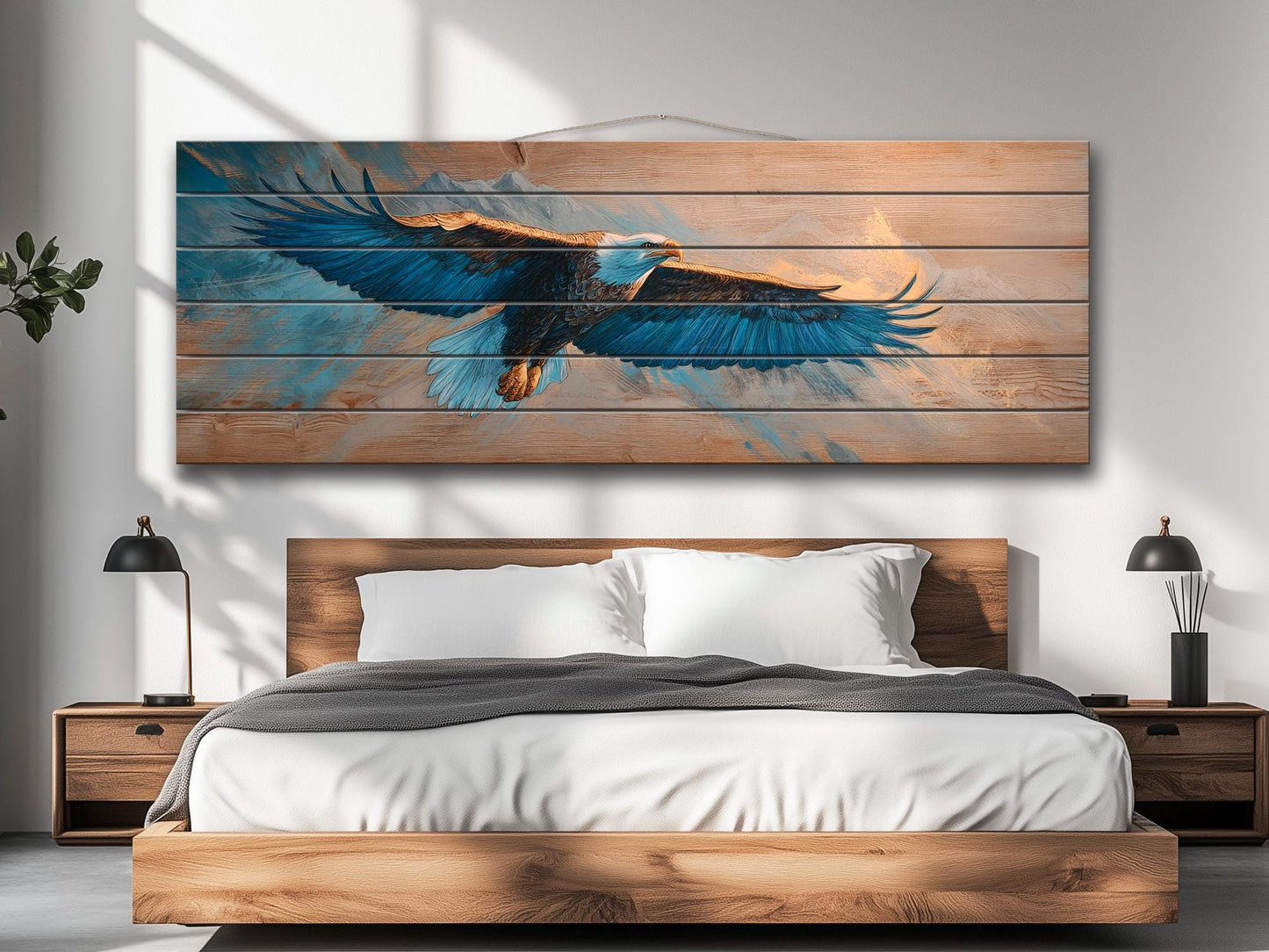 Majestic Eagle Soaring Over Mountain Peaks Print on Natural Wood, Eagle Painting, Birds Wall Art, Rustic Eagle Wood Wall Art, Eagle Print