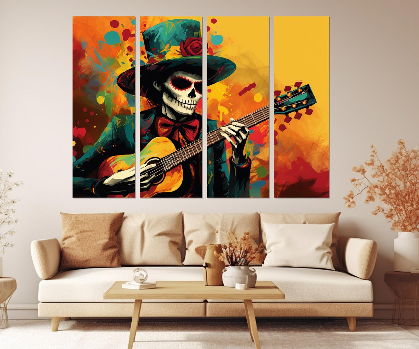 Skeleton with Guitar Canvas Print, Mexican Music Wall Art, Framed and Ready to Hang