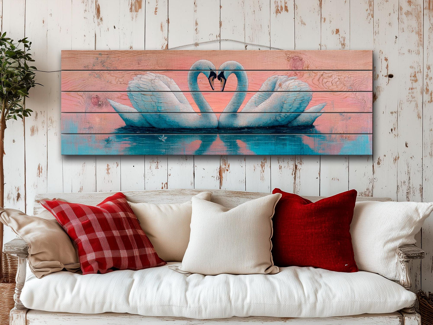 Swans Couple Forming a Heart at Sunrise Print on Natural Wood, Romantic Wall Art, Rustic Swans Painting, Swans Wall Art, Wood Wall Art