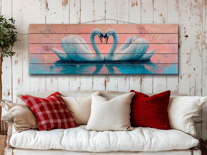 Swans Couple Forming a Heart at Sunrise Print on Natural Wood, Romantic Wall Art, Rustic Swans Painting, Swans Wall Art, Wood Wall Art