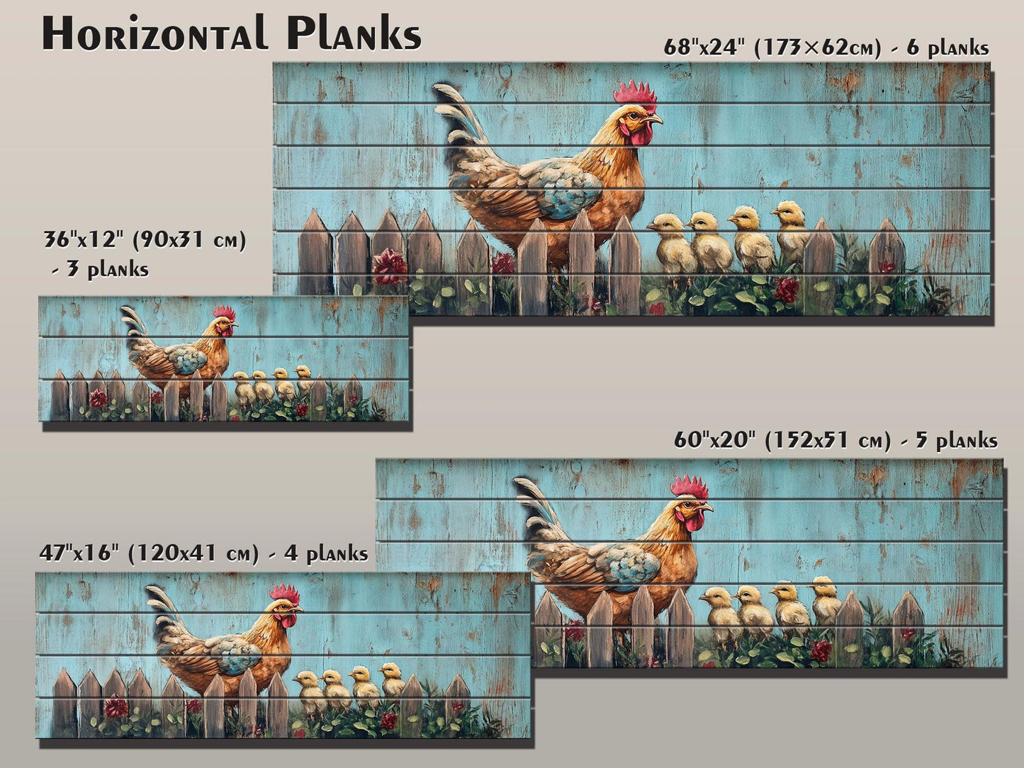 Rustic Wood Wall Art - Hen with Chicks Print on Natural Wood, Farmhouse Painting, Chicken Farm Decor, Chicken Coop Farmhouse Wall Decor