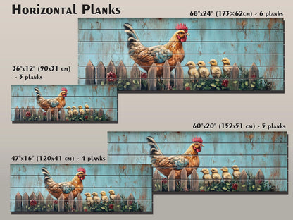 Rustic Wood Wall Art - Hen with Chicks Print on Natural Wood, Farmhouse Painting, Chicken Farm Decor, Chicken Coop Farmhouse Wall Decor