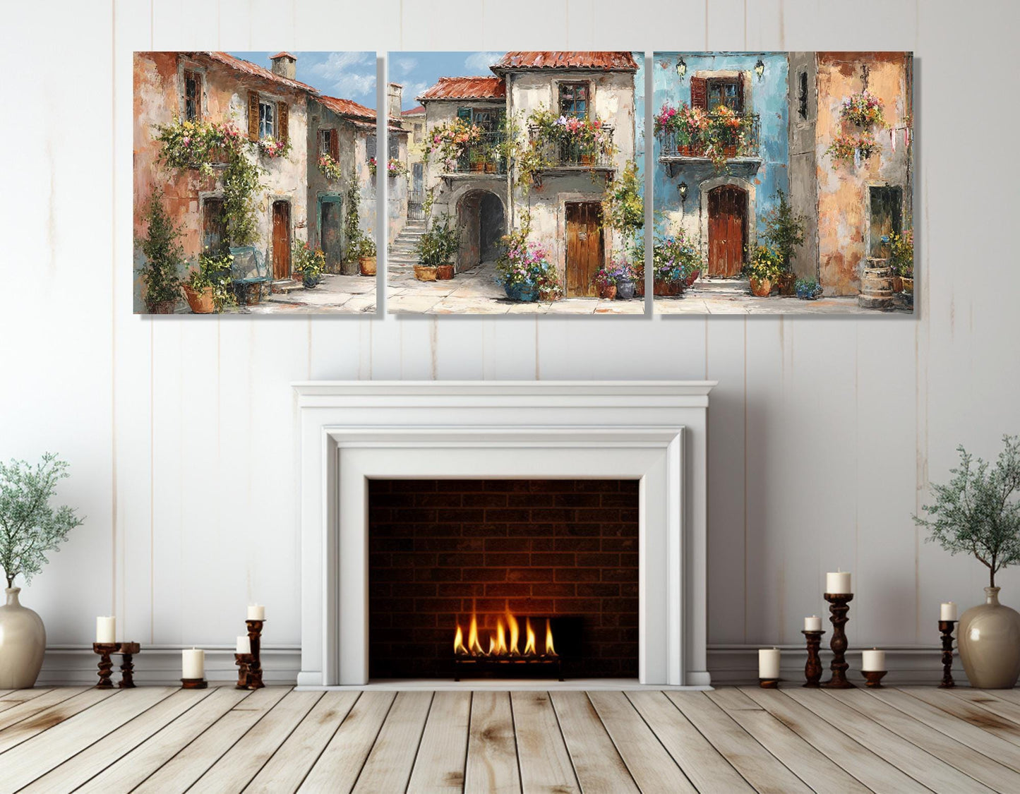 Italian Town Street Canvas – Framed Cotton Print With Flower Balconies Art & Floating Frame