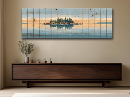 Lake Island Wood Art – Rustic Wood Wall Art with Serene Lake Landscape