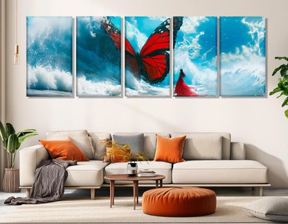 Large Abstract Canvas Print, Red Butterfly in Sea Wave, Framed and Ready to Hang