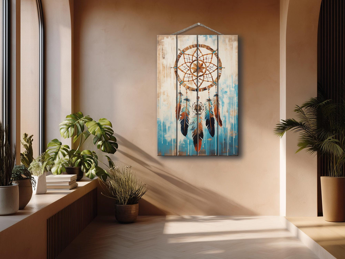 Dreamcatcher Wood Art – Native American Boho Wood Print on Natural Plank