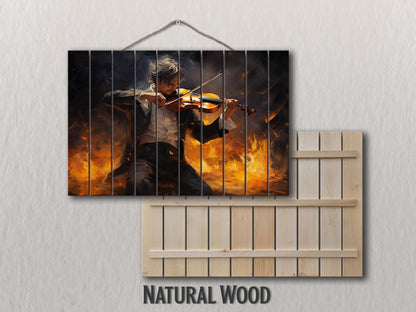 Violin Wall Art – Abstract Violinist Painting on Natural Wood Plank Art