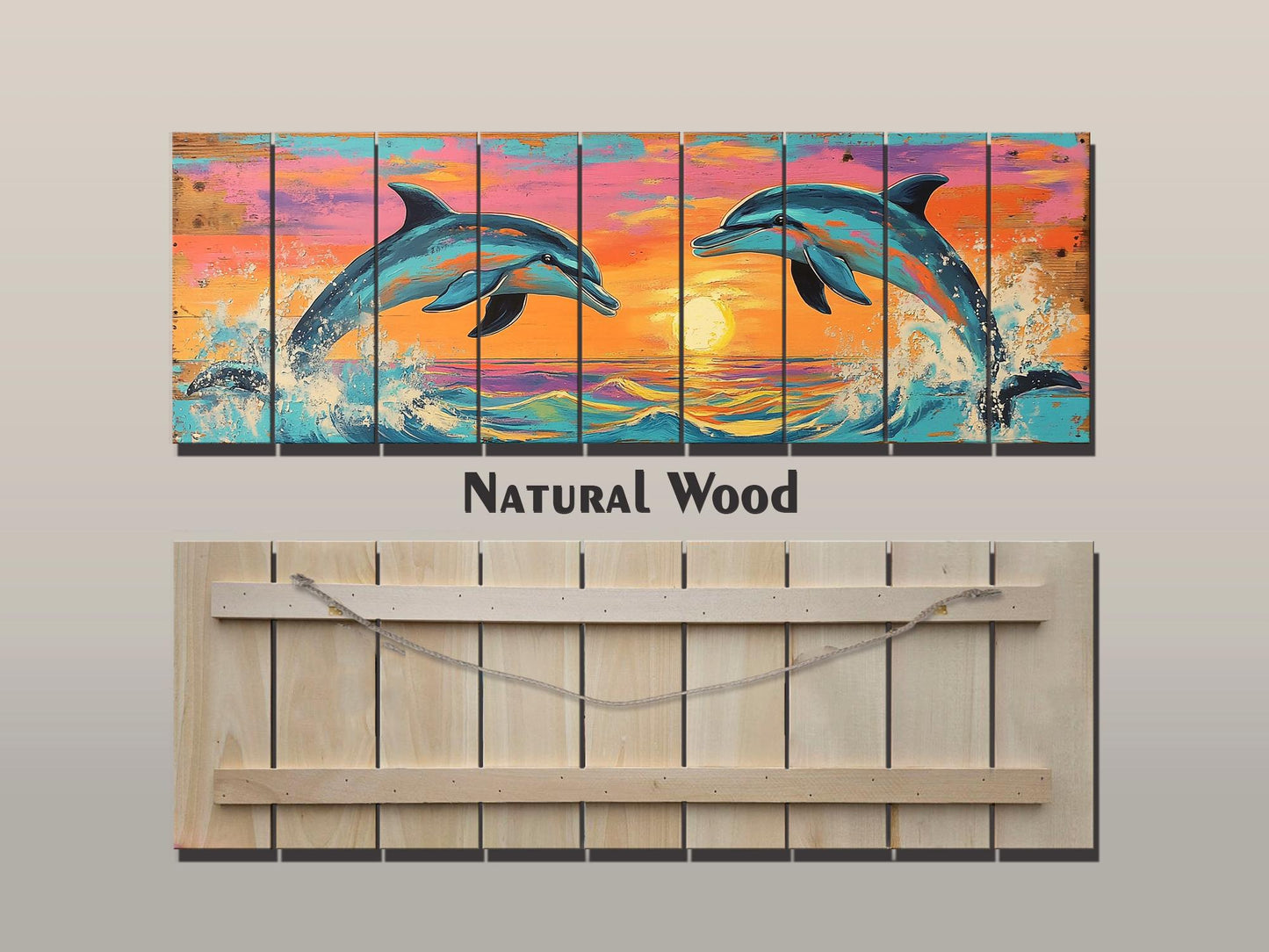 Playful Dolphins Jumping at Sunset Print on Natural Wood, Dolphins Wall Art, Wood Wall Art, Dolphins Painting, Romantic Bedroom Wall Decor