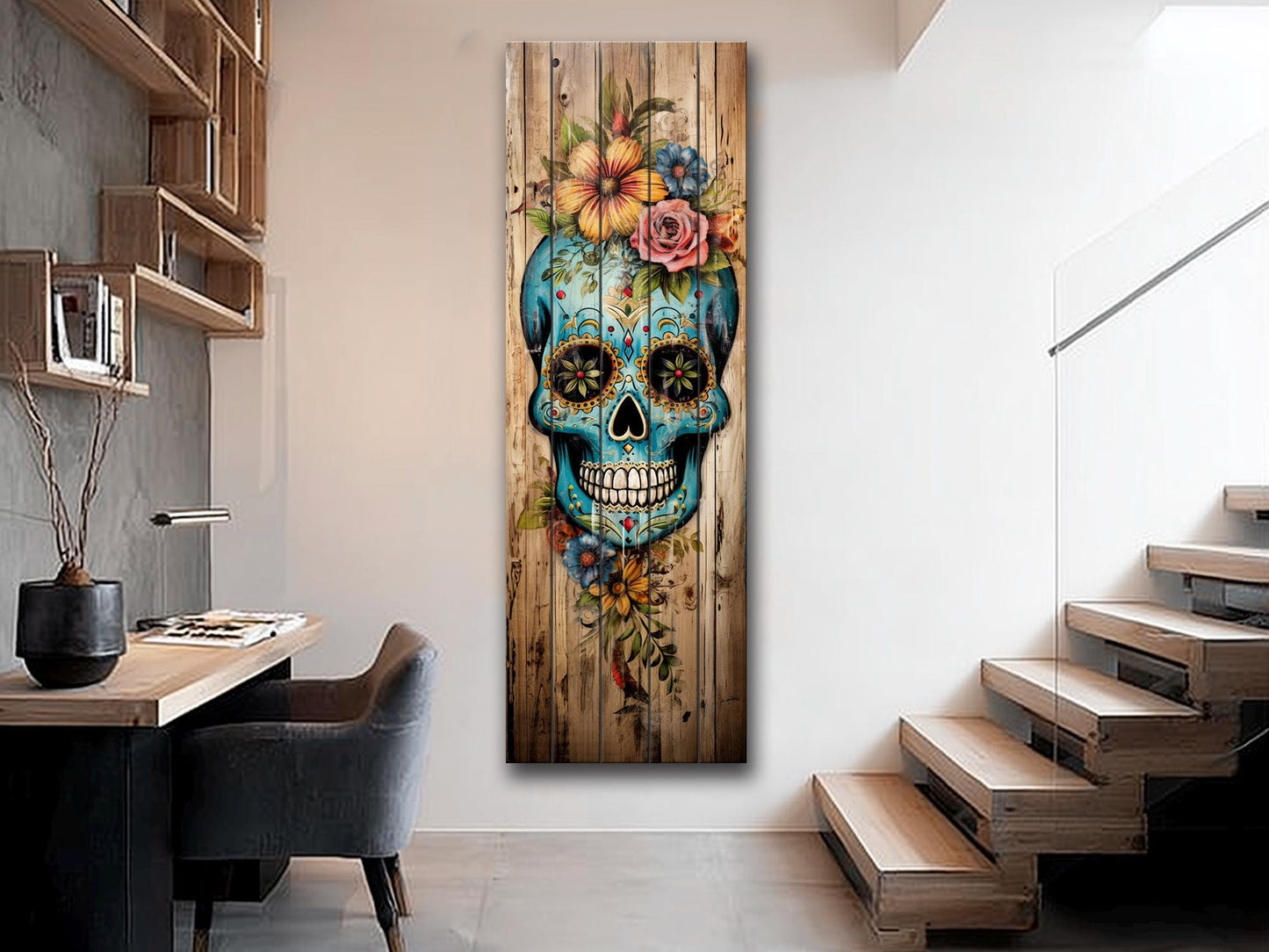 Mexican Sugar Skull Art – Rustic Wood Wall Decor | Vibrant Floral Skull Print