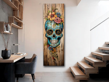 Mexican Sugar Skull Art – Rustic Wood Wall Decor | Vibrant Floral Skull Print