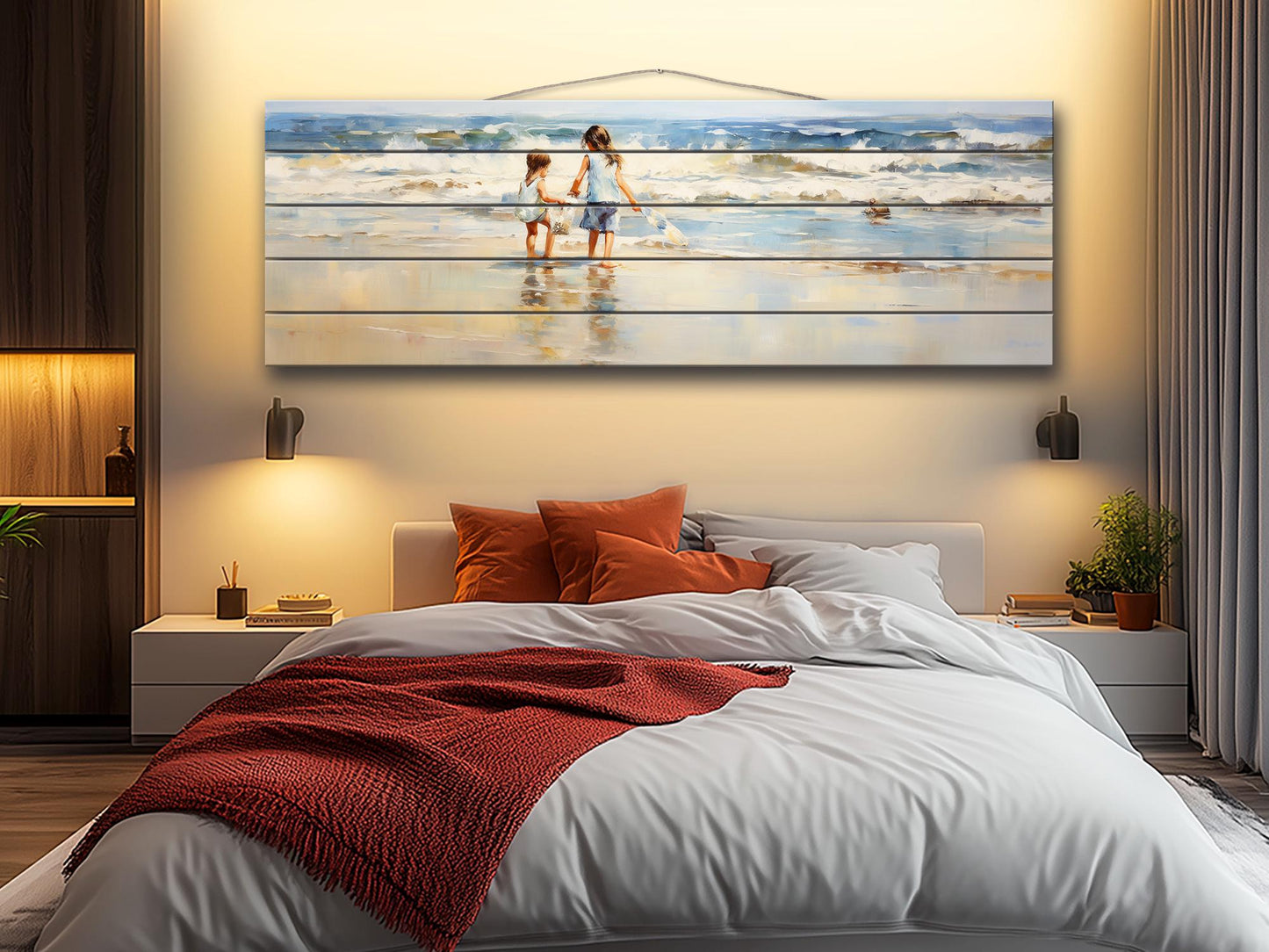 Rustic Wood Wall Art | Wooden Beach Painting with Warm Wood Texture for Kids Room