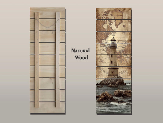 Vintage Lighthouse Print on Wood – Nautical Wall Art with World Map, Beige and Brown Coastal Decor