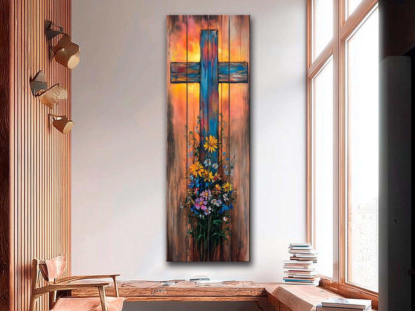 Rustic Cross with Wildflowers Painting Printed on Natural Wood – Christian Print on Wood, Religious Wall Art, Christian Wall Decor