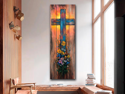 Rustic Cross with Wildflowers Painting Printed on Natural Wood – Christian Print on Wood, Religious Wall Art, Christian Wall Decor
