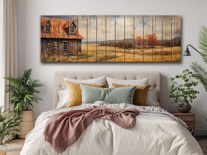 Rustic Farmhouse Wall Art – Natural Wood Artwork with Cozy Country Landscape Print