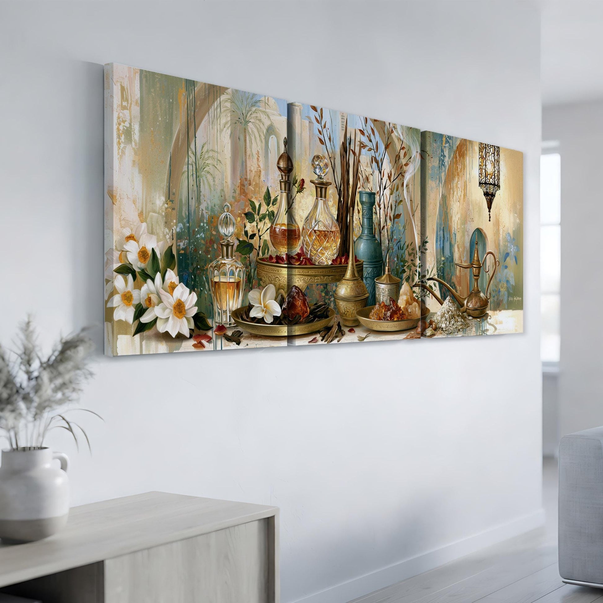 a large, colorful painting of various objects, including vases, flowers, and other decorative items, displayed on a wall.