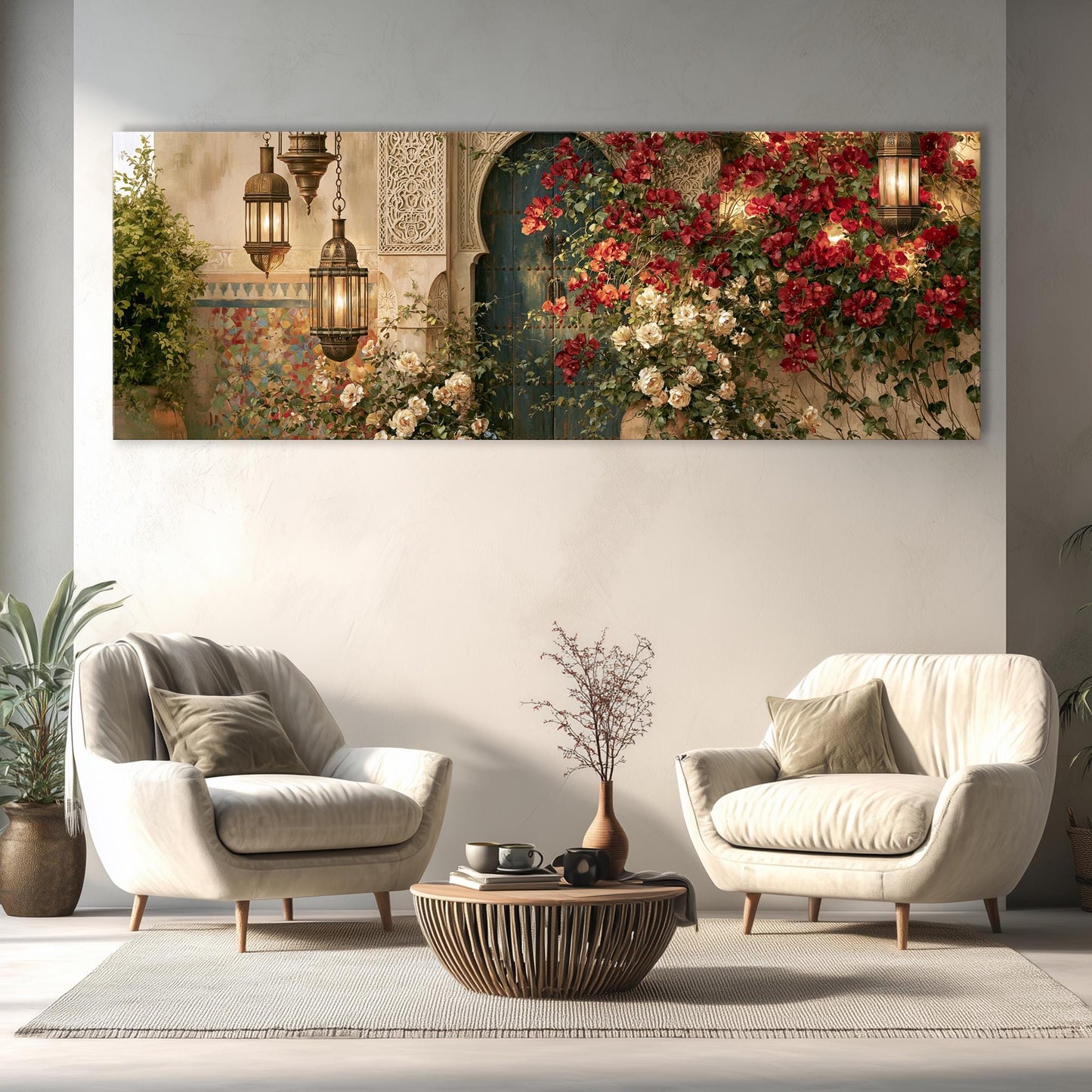 a living room with two white armchairs and a wooden coffee table, set against a backdrop of a large floral wall hanging with hanging lanterns.
