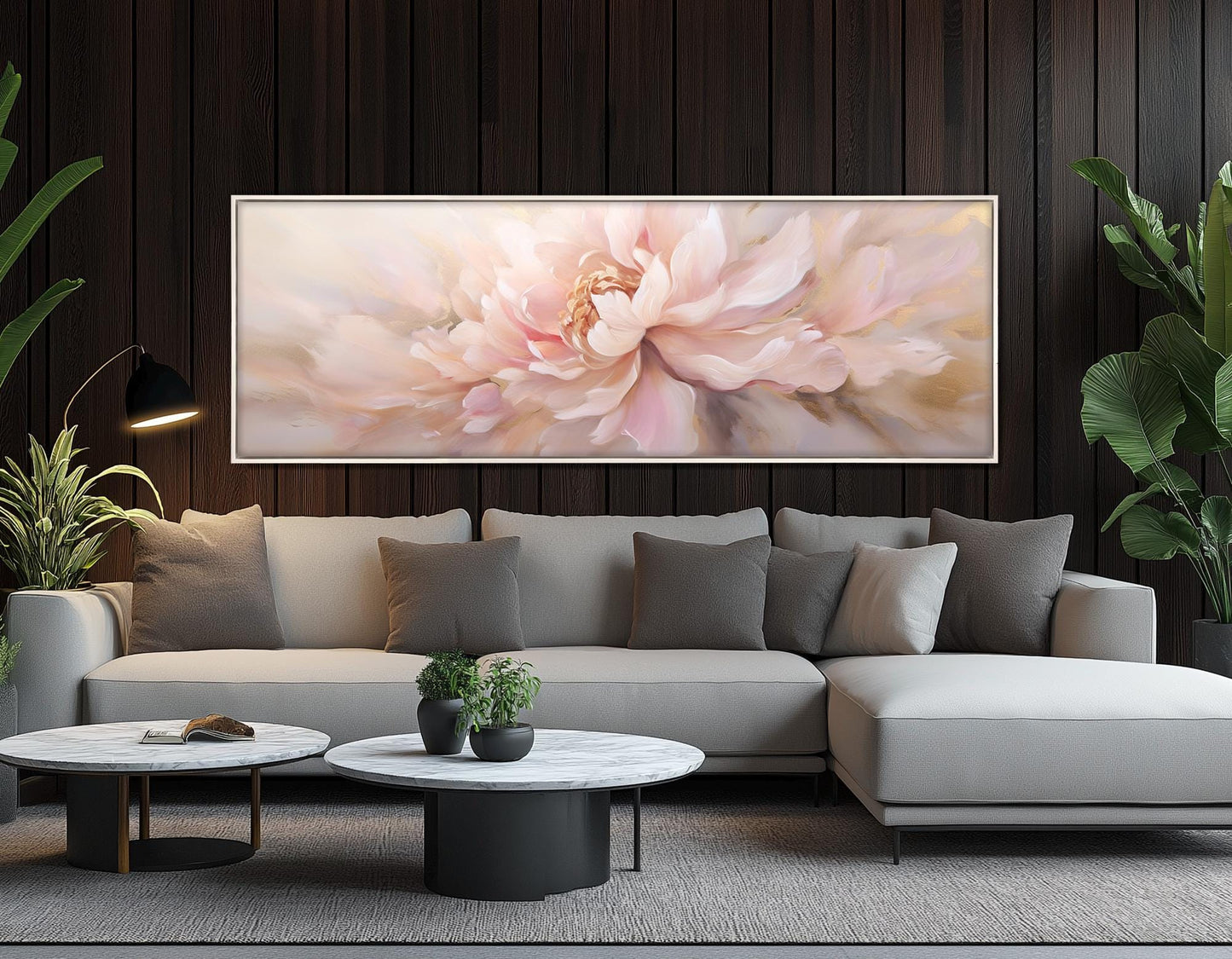 Peony Flower Painting - Framed Cotton Canvas Print | Panoramic Floral Wall Art
