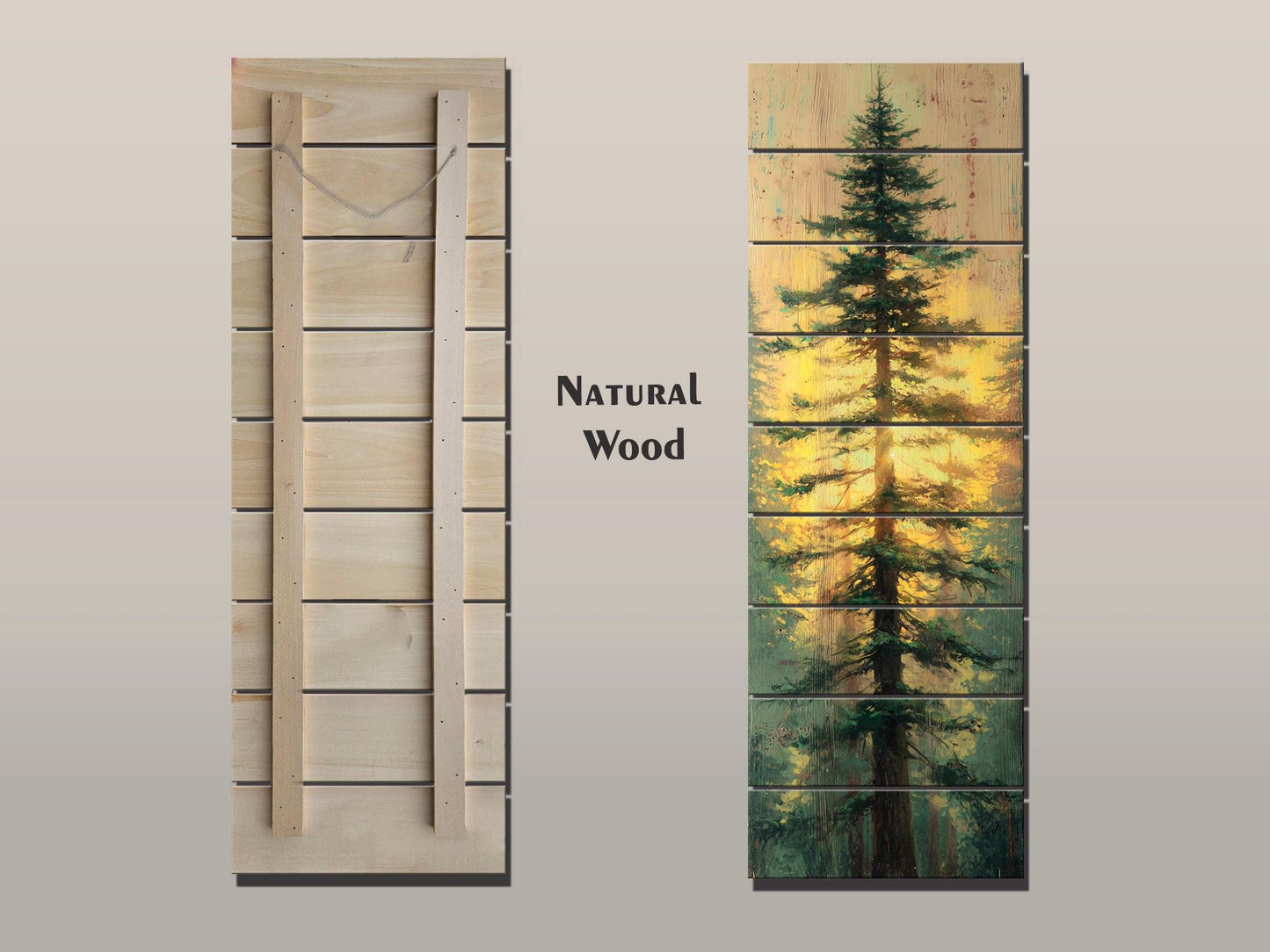 Tall Pine Tree with Golden Sunlight Print on Natural Wood, Cabin Wall Decor, Cozy Lodge Decor, Vertical Pine Tree Painting, Wood Wall Art