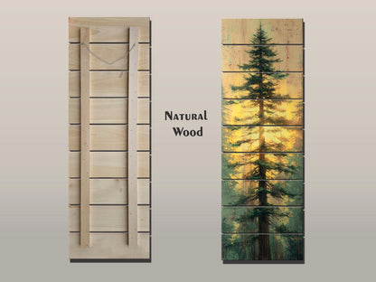 Tall Pine Tree with Golden Sunlight Print on Natural Wood, Cabin Wall Decor, Cozy Lodge Decor, Vertical Pine Tree Painting, Wood Wall Art