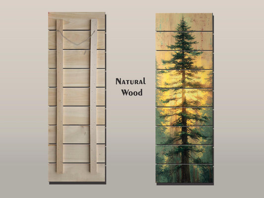 Tall Pine Tree with Golden Sunlight Print on Natural Wood, Cabin Wall Decor, Cozy Lodge Decor, Vertical Pine Tree Painting, Wood Wall Art