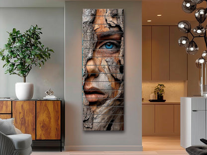 Beautiful Woman Face Print on Wood – Carved Bark Wall Art, Rustic Wall Decor